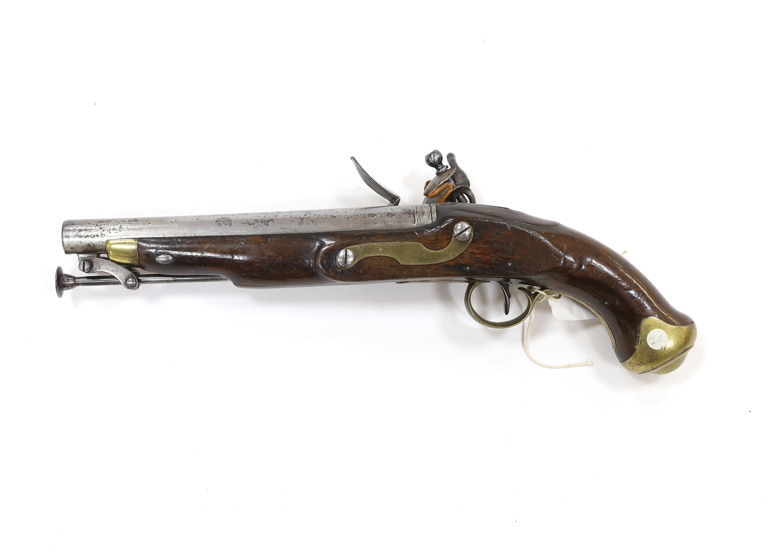 A 16 bore New Land Pattern flintlock service pistol with regulation lock engraved with crowned GR, Tower proofed barrel, fitted with regulation brass mounts and swivel ramrod